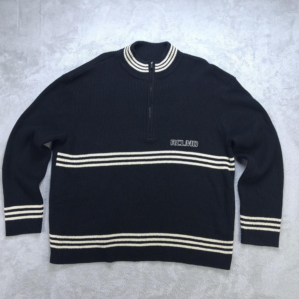 Reclaimed Vintage Mens L Black Quarter Zip Striped Knit Sweater RCLMD Retro